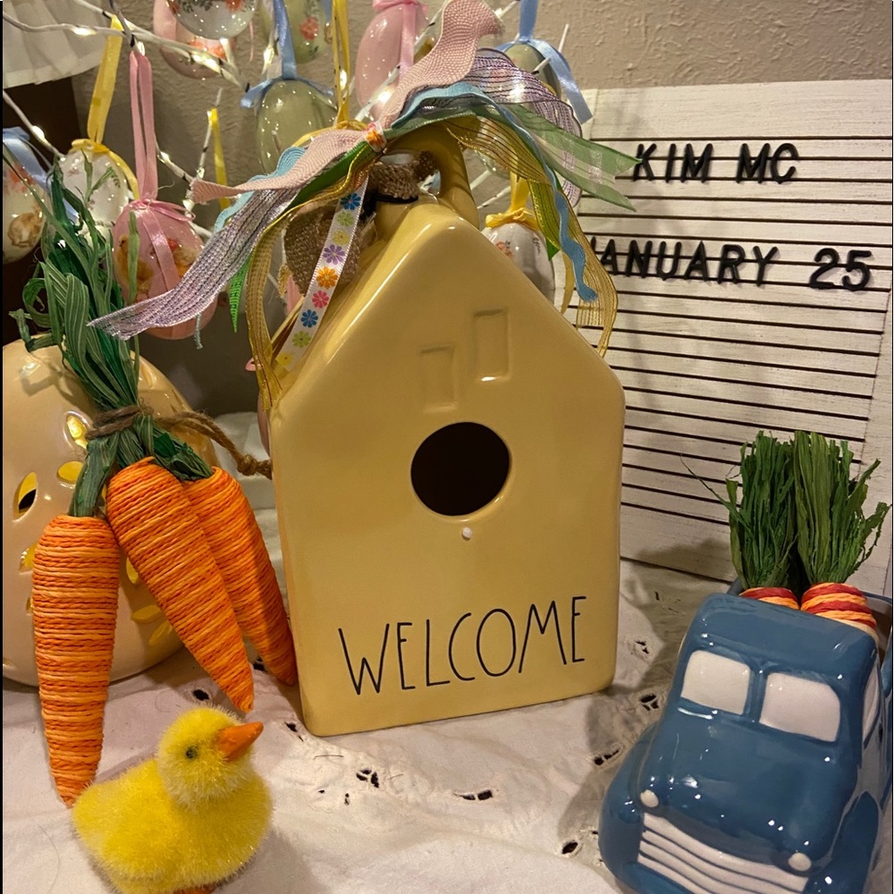 Rea Dunn yellow bird house “Welcome “